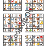 Lõbus loomade bingo tööleht, kus piltidel on erinevad loomad – näiteks jänes, lõvi, koer, karu, elevant ja pingviin. Mänguline õppematerjal lastele.
