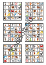Lõbus loomade bingo tööleht, kus piltidel on erinevad loomad – näiteks jänes, lõvi, koer, karu, elevant ja pingviin. Mänguline õppematerjal lastele.