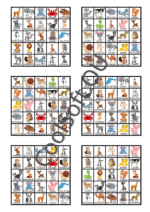 Lõbus loomade bingo tööleht, kus piltidel on erinevad loomad – näiteks jänes, lõvi, koer, karu, elevant ja pingviin. Mänguline õppematerjal lastele.