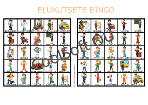 Tööleht nr 255 - elukutsete vihjebingo (40 elukutset, 40 bingokaarti)