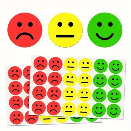 Emotikonide kleebised – rohelised rõõmsad, kollased neutraalsed ja punased kurvad näod. Sobivad kasutamiseks õppetöös, mängudes ja tagasiside andmisel. 🙂😐🙁
