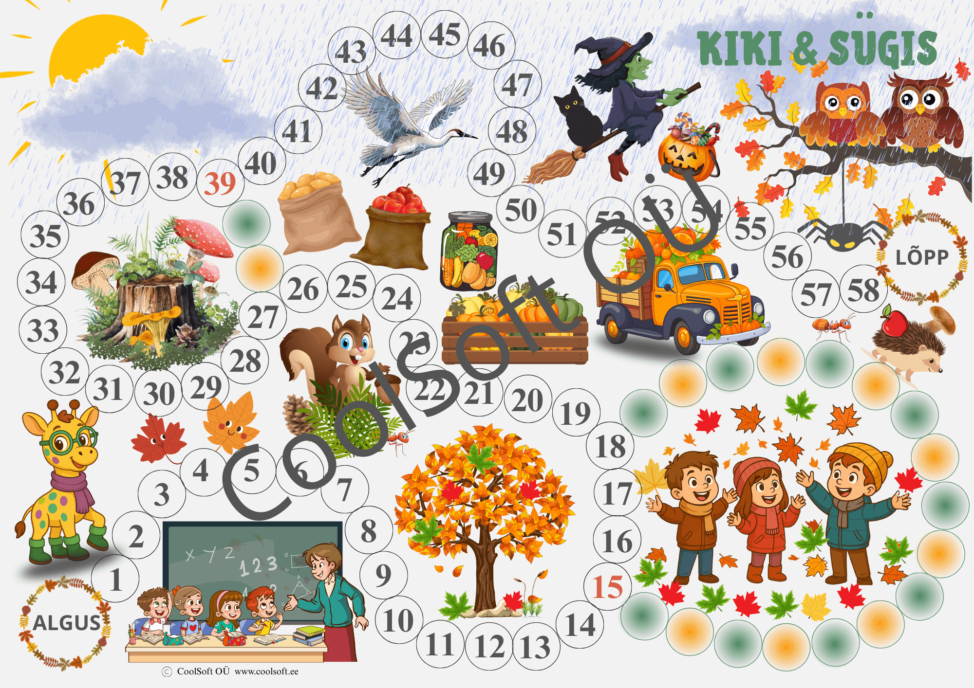 lauamang-kiki-ja-sugis Lauamäng „Kiki & Sügis“, kus kaelkirjak Kiki rändab läbi sügise – lehed langevad, oravad koguvad varusid ja lapsed mängivad. 🍁🍂