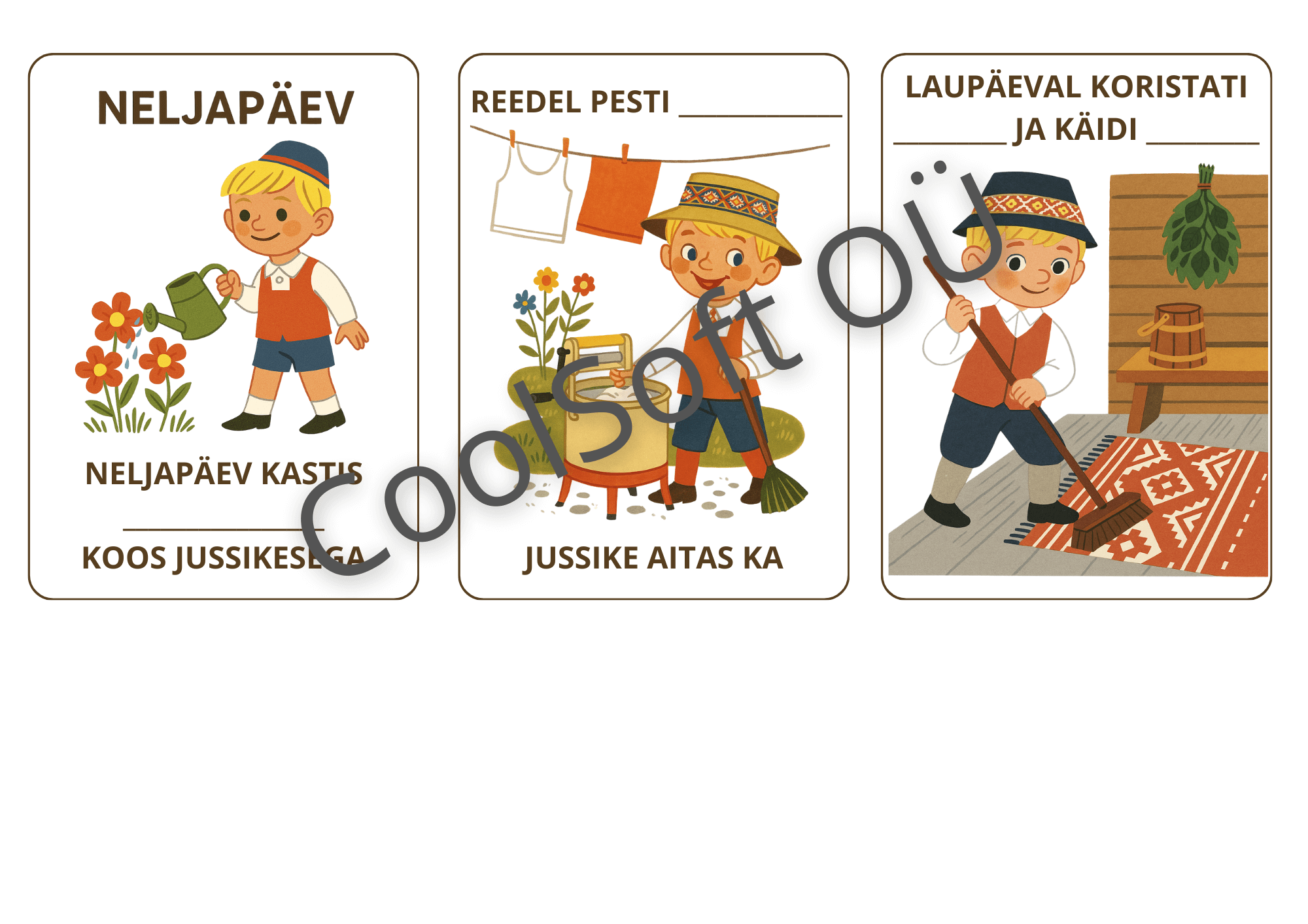 nadalapaevade-kaardid Lahendajal tuleb ära arvata milliseid töid pidi Jussike tegema neljapäeval, reedel ja laupäeval.