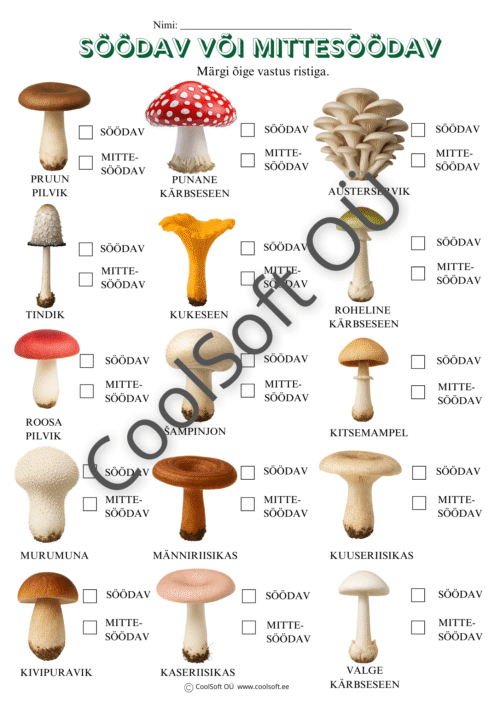Lastele mõeldud tööleht, kus tuleb märkida, millised seened on söödavad ja millised mittesöödavad – kukeseen, kärbseseen, šampinjon, riisikas ja teised. 🍄🌲
