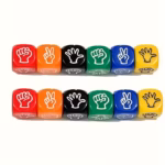 Täring, mille külgedel on kujutatud kivi, paber ja käärid – sobib kasutamiseks Kiki & Halloweeni lauamängus