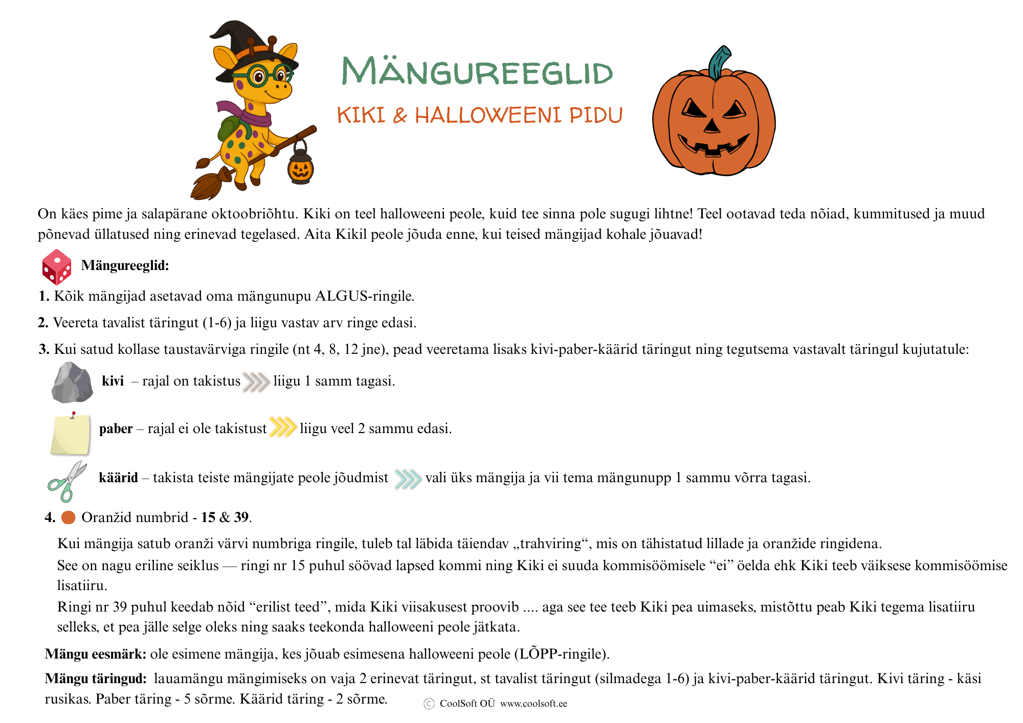 lauamang-lastele-halloween-seiklus-opetus Halloween’i teemalise lauamängu õpetus. Mängijad liiguvad Kiki juhendamisel läbi nõidade, kummituste ja seikluste halloweeni peole. 🎃👻