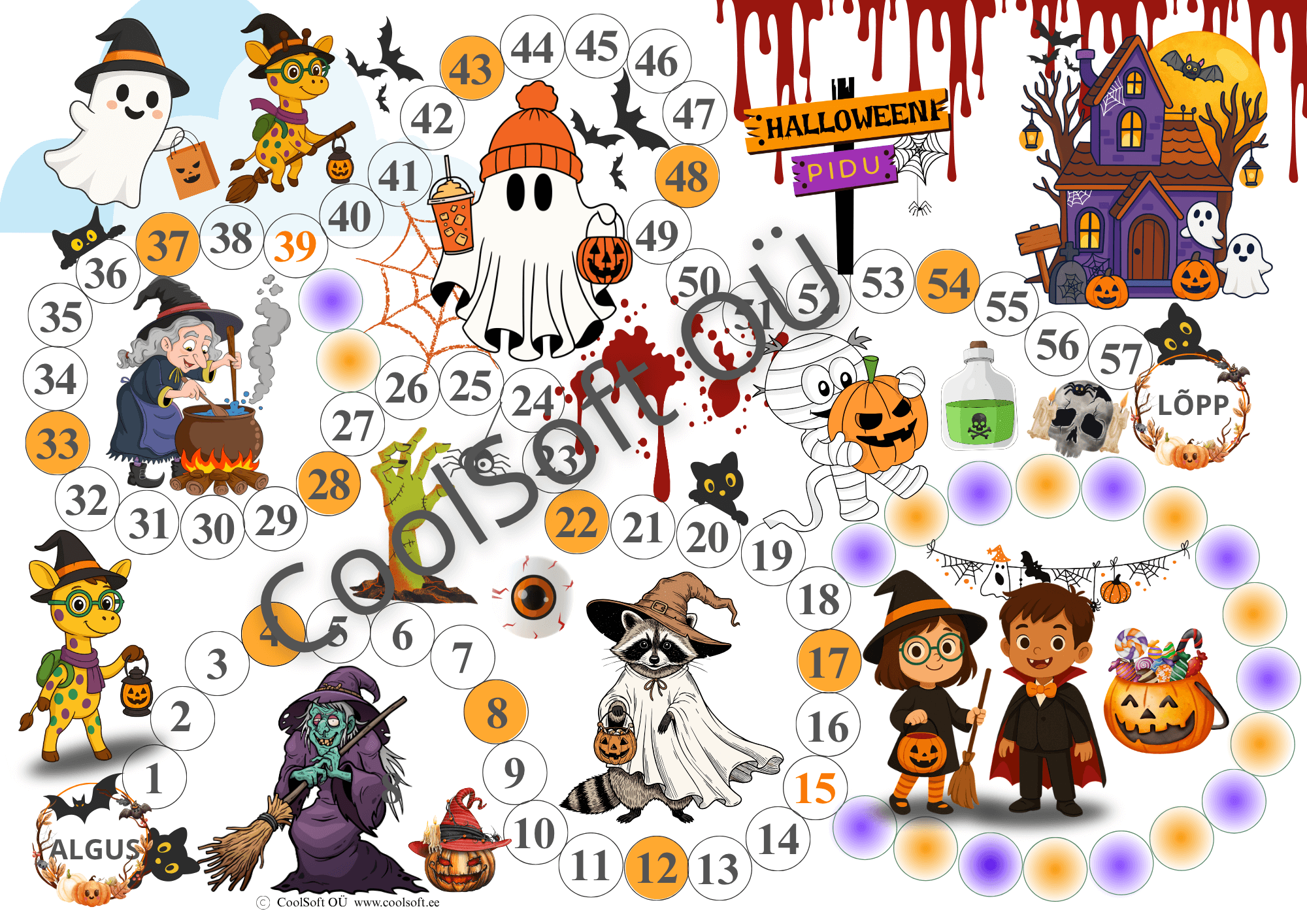 lauamang-lastele-halloween-seiklus Halloween’i teemaline lauamäng lastele, kus mängijad liiguvad Kiki juhendamisel läbi nõidade, kummituste ja seikluste halloweeni peole. 🎃👻