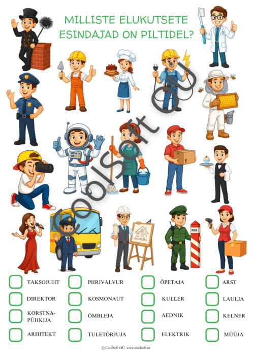 Tööleht lastele, kus tuleb tuvastada erinevad elukutsed ja ametid – arst, arhitekt, õpetaja, politseinik, laulja, elektrik ja teised.