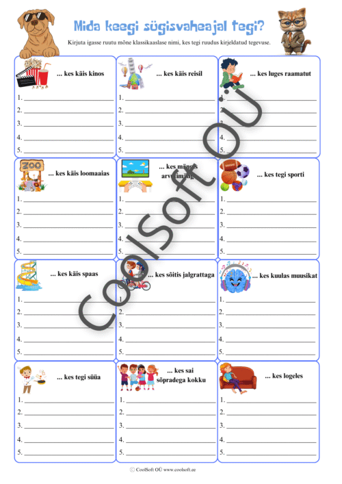 Õppematerjal, kus lapsed kirjutavad, mida klassikaaslased sügisvaheajal tegid