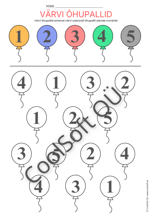 Värvimistööleht õhupallidega, mida laps värvib vastavalt numbrile