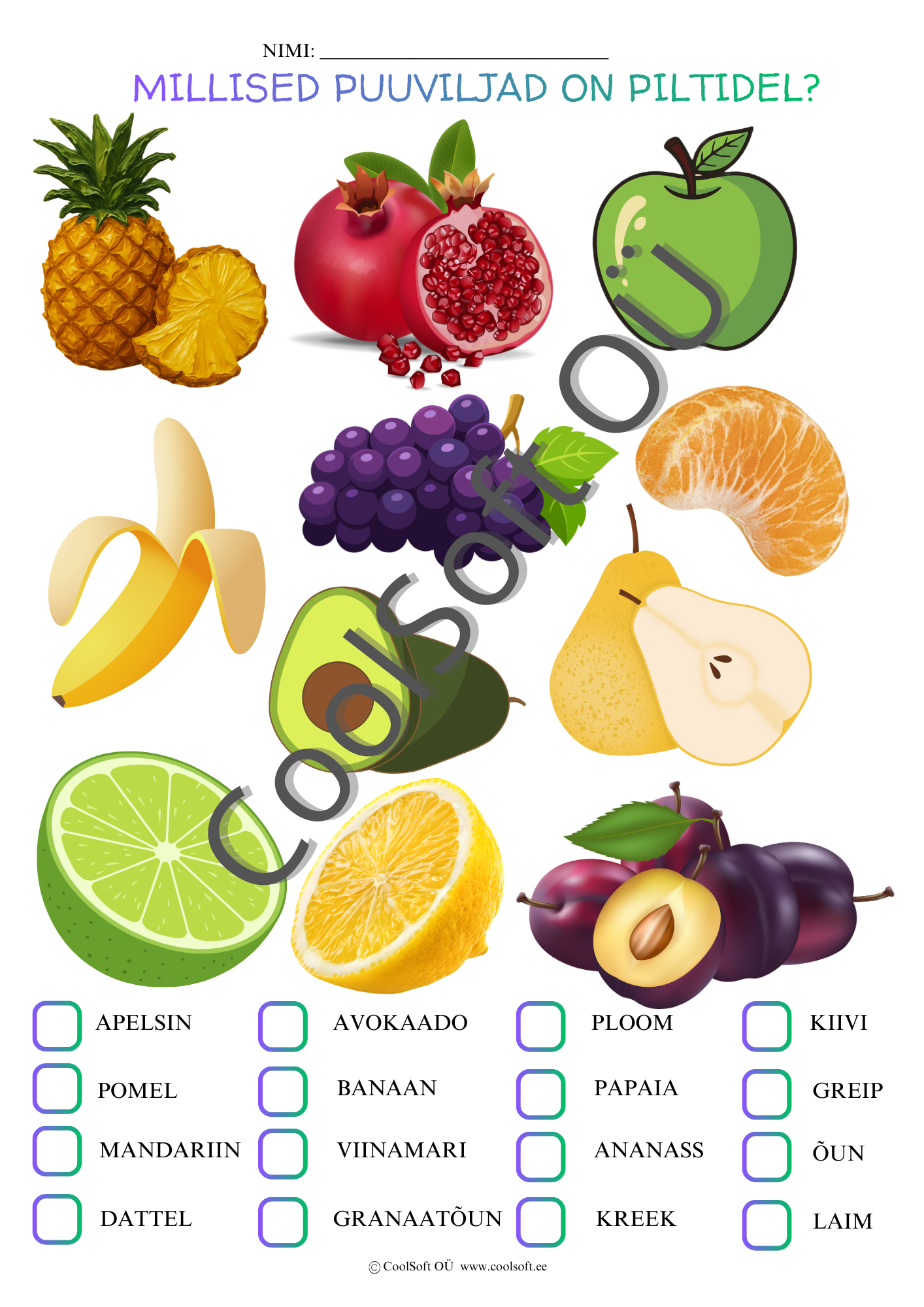 TL nr 274- millised puuviljad on piltidel Erinevate puuviljade piltidega tööleht, kus laps peab märkima piltidel olevate puuviljade õiged nimed.