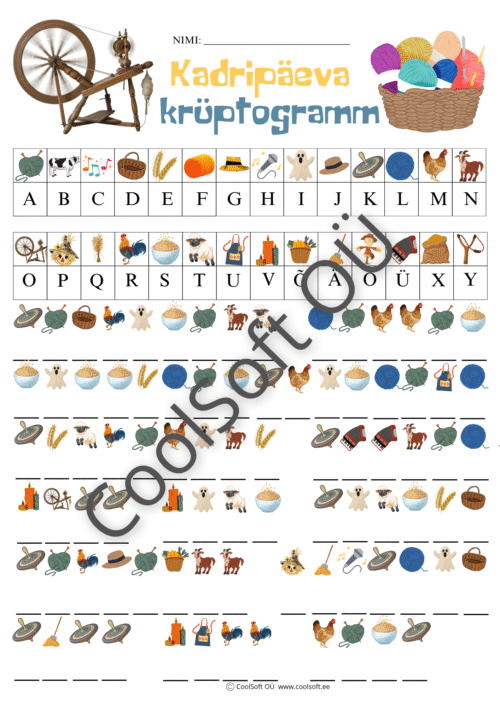 Tööleht „Kadripäeva krüptogramm“ – teemakohane pildimõistatus, kus iga sümbol tähistab ühte tähte ja laps peab dešifreerima kadripäeva sõnad. 🧶