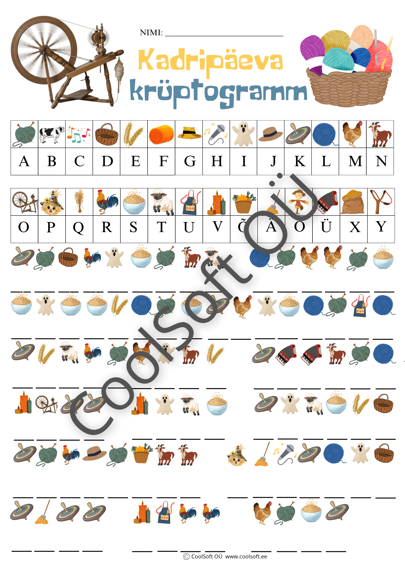 kadripaeva kruptogramm Tööleht „Kadripäeva krüptogramm“ – teemakohane pildimõistatus, kus iga sümbol tähistab ühte tähte ja laps peab dešifreerima kadripäeva sõnad. 🧶
