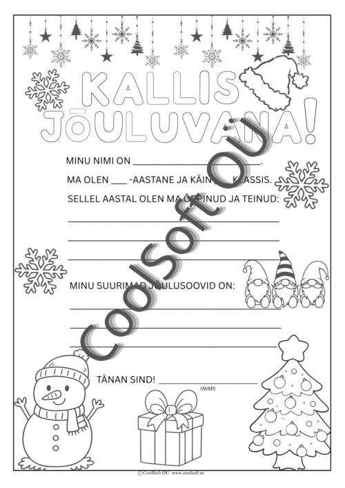 Värvitav kiri jõuluvanale, kus laps saab kirjutada oma nime, vanuse, saavutused ja jõulusoovid.