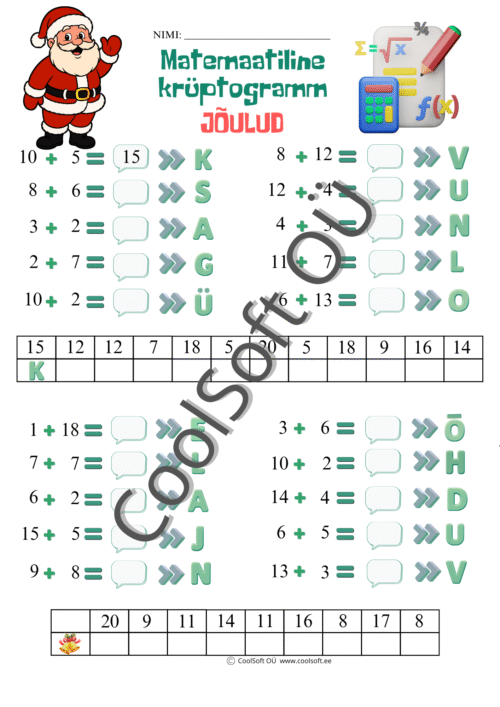 Matemaatiline krüptogramm jõuluteemal, kus laps lahendab liitmistehteid 20 piires ja leiab peidetud jõulusõnu