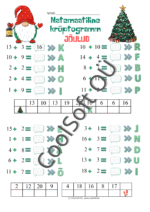 Matemaatiline krüptogramm jõuluteemal, kus laps lahendab liitmistehteid 20 piires ja leiab peidetud jõulusõnu