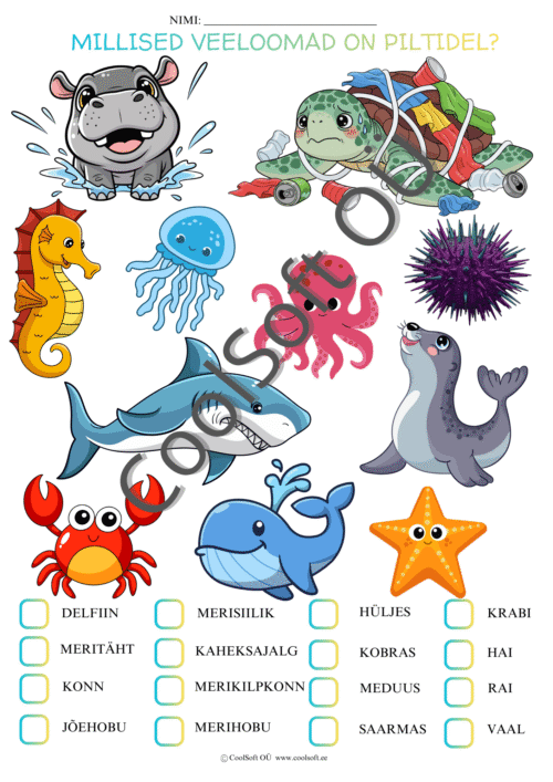 Veeloomade tööleht lastele, kus piltide järgi tuleb valida õiged veeloomade nimetused
