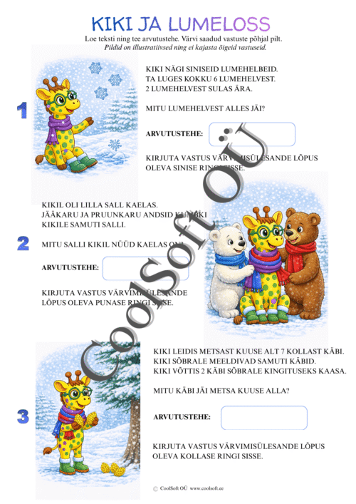 Talvine tööleht Kiki ja lumeloss – loe tekst, lahenda arvutused ja värvi pilt vastuste järgi