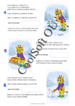 Talvine tööleht Kiki ja lumeloss – loe tekst, lahenda arvutused ja värvi pilt vastuste järgi