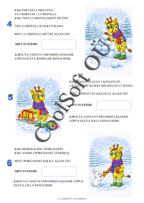 Talvine tööleht Kiki ja lumeloss – loe tekst, lahenda arvutused ja värvi pilt vastuste järgi