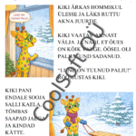Kiki seisab talvises metsas kelguga ja leiab kuuse alt lumememme – illustratsioon töölehest „Kiki ja lumine leid”.