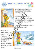 Kiki seisab talvises metsas kelguga ja leiab kuuse alt lumememme – illustratsioon töölehest „Kiki ja lumine leid”.