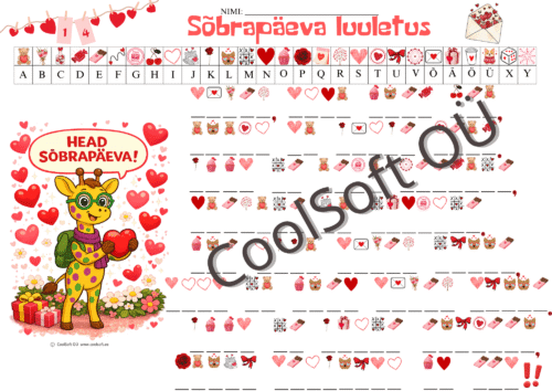 Sõbrapäeva teemaline piltkirjas luuletuse tööleht lastele koos tähtede ja sümbolitega