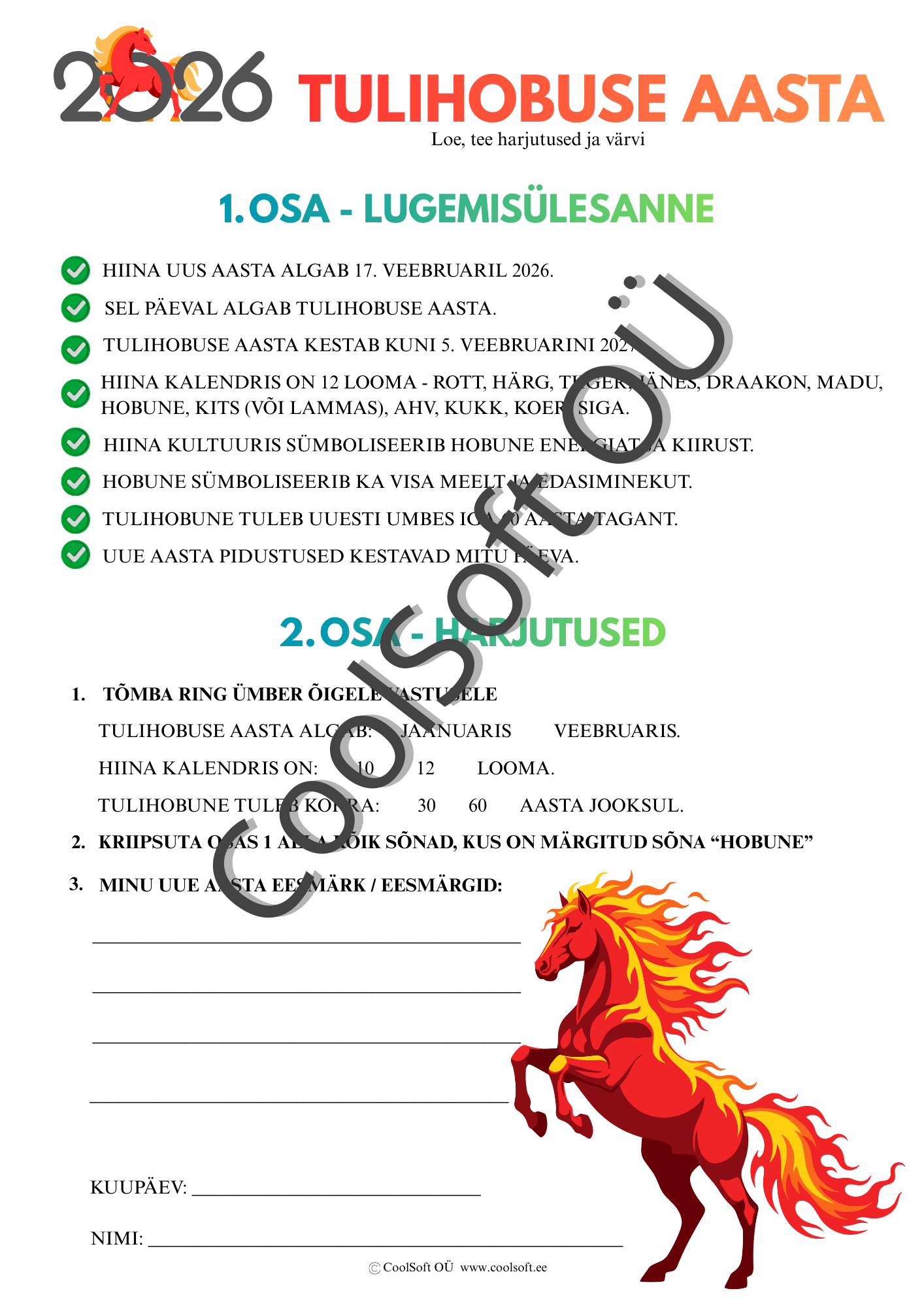 2026 tulihobuse aasta – lugemisülesanne ja harjutamine 2026 tulihobuse aasta tööleht lastele koos lugemisülesande, harjutuste ja hobuse värvimispildiga