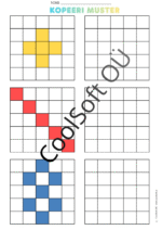 Kopeeri muster tööleht, kus laps peab värvilise ruudustikumustri tühjale ruudustikule täpselt samamoodi kopeerima.