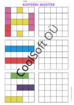 Kopeeri muster tööleht, kus laps peab värvilise ruudustikumustri tühjale ruudustikule täpselt samamoodi kopeerima.