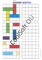 Kopeeri muster tööleht, kus laps peab värvilise ruudustikumustri tühjale ruudustikule täpselt samamoodi kopeerima.