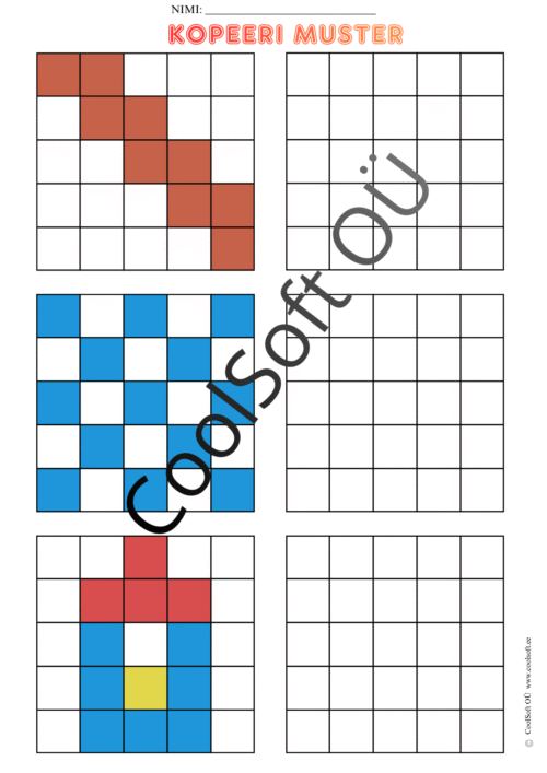 Kopeeri muster tööleht, kus laps peab värvilise ruudustikumustri tühjale ruudustikule täpselt samamoodi kopeerima.