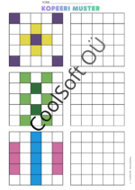Kopeeri muster tööleht, kus laps peab värvilise ruudustikumustri tühjale ruudustikule täpselt samamoodi kopeerima.