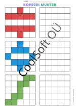 Kopeeri muster tööleht, kus laps peab värvilise ruudustikumustri tühjale ruudustikule täpselt samamoodi kopeerima.