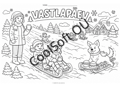 Vastlapäeva värvimisleht lastega kelgutamas ja talviseid tegevusi tegemas