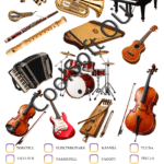 Muusikariistade tööleht lastele, kus on kujutatud klaver, viiul, tšello, tuuba, trummid, elektrikitarr, ukulele, torupill, kannel ja teised instrumendid.