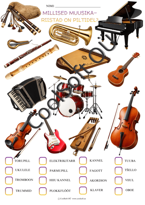 Muusikariistade tööleht lastele, kus on kujutatud klaver, viiul, tšello, tuuba, trummid, elektrikitarr, ukulele, torupill, kannel ja teised instrumendid.