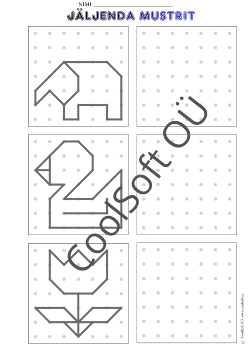JÄLJENDA MUSTRIT töölehed – täppidega ruudustikul mustri kopeerimine (PDF, 14 lk)