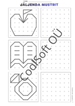 JÄLJENDA MUSTRIT töölehed – täppidega ruudustikul mustri kopeerimine (PDF, 14 lk)
