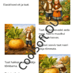 Naerise muinasjutu illustratsioon, kus eit, taat, lapselaps ja loomad üritavad koos hiigelsuurt naerist maa seest välja tõmmata.