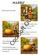 Naerise muinasjutu illustratsioon, kus eit, taat, lapselaps ja loomad üritavad koos hiigelsuurt naerist maa seest välja tõmmata.