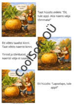 Naerise muinasjutu illustratsioon, kus eit, taat, lapselaps ja loomad üritavad koos hiigelsuurt naerist maa seest välja tõmmata.