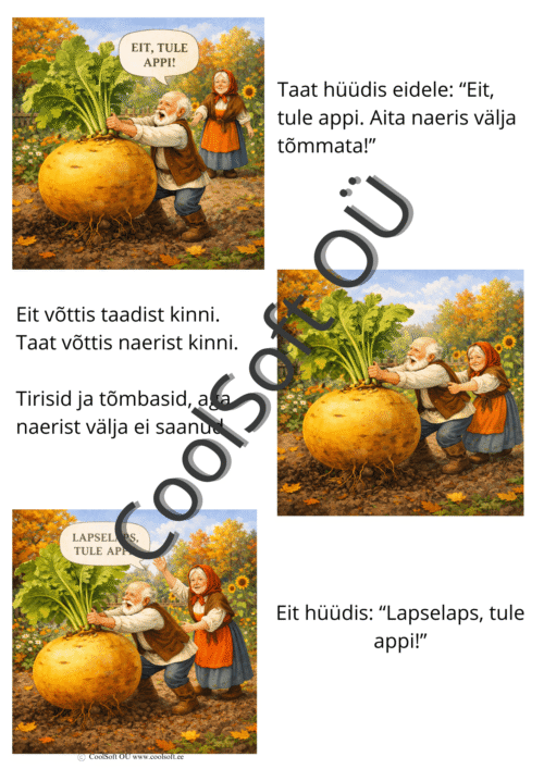 Naerise muinasjutu illustratsioon, kus eit, taat, lapselaps ja loomad üritavad koos hiigelsuurt naerist maa seest välja tõmmata.