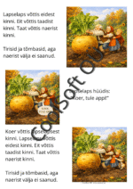 Naerise muinasjutu illustratsioon, kus eit, taat, lapselaps ja loomad üritavad koos hiigelsuurt naerist maa seest välja tõmmata.