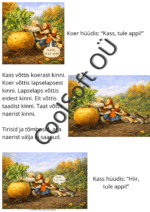 Naerise muinasjutu illustratsioon, kus eit, taat, lapselaps ja loomad üritavad koos hiigelsuurt naerist maa seest välja tõmmata.