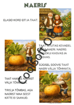 Naerise muinasjutu illustratsioon, kus eit, taat, lapselaps ja loomad üritavad koos hiigelsuurt naerist maa seest välja tõmmata.