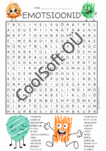 Emotsioonide sõnaotsingu tööleht, kus lapsed otsivad ruudustikust erinevaid tundeid nagu rõõm, kurbus, viha ja armastus.