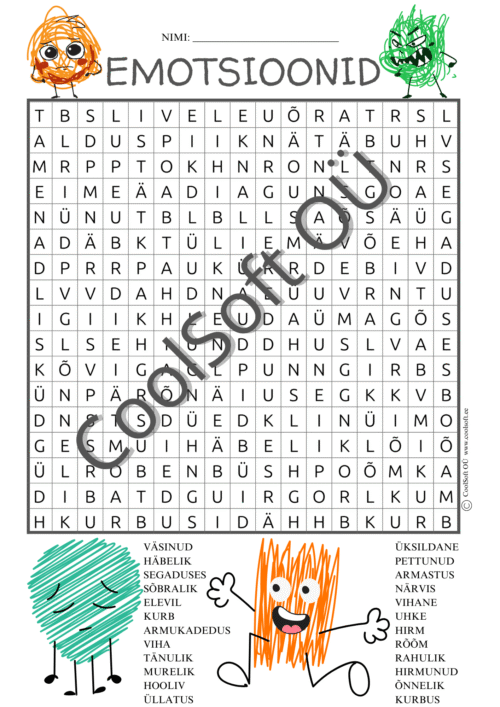 Emotsioonide sõnaotsingu tööleht, kus lapsed otsivad ruudustikust erinevaid tundeid nagu rõõm, kurbus, viha ja armastus.