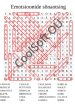 Emotsioonide sõnaotsingu tööleht, kus lapsed otsivad ruudustikust erinevaid tundeid nagu rõõm, kurbus, viha ja armastus.