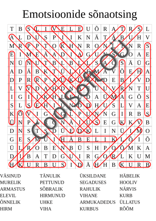 Emotsioonide sõnaotsingu tööleht, kus lapsed otsivad ruudustikust erinevaid tundeid nagu rõõm, kurbus, viha ja armastus.